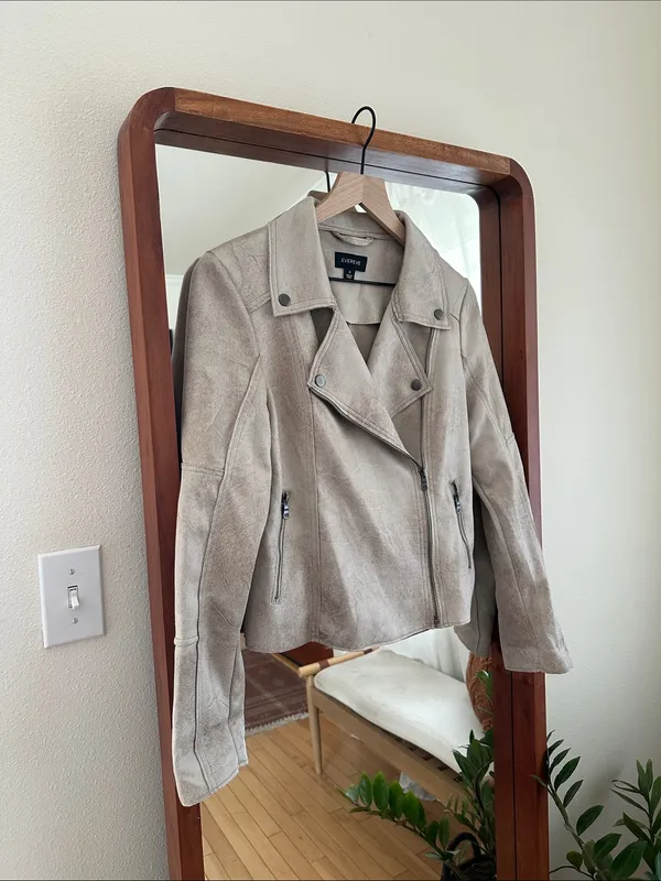 EVEREVE Marren Moto Jacket Faux Suede Biker Asymmetrical Zip Taupe Womens S - Image 2