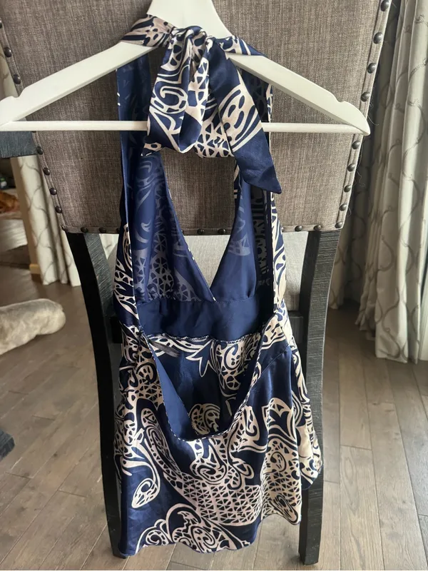 Wet Seal Navy and White Halter Dressy Tank with Decorative Print - Image 3