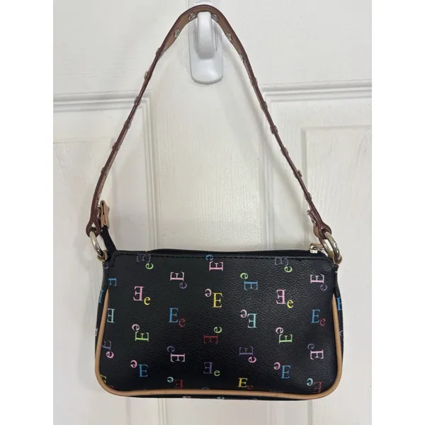 Vtg Y2K Limited Too Monogram Shoulder Bag Black Rainbow Letter E Bow Purse - Image 2