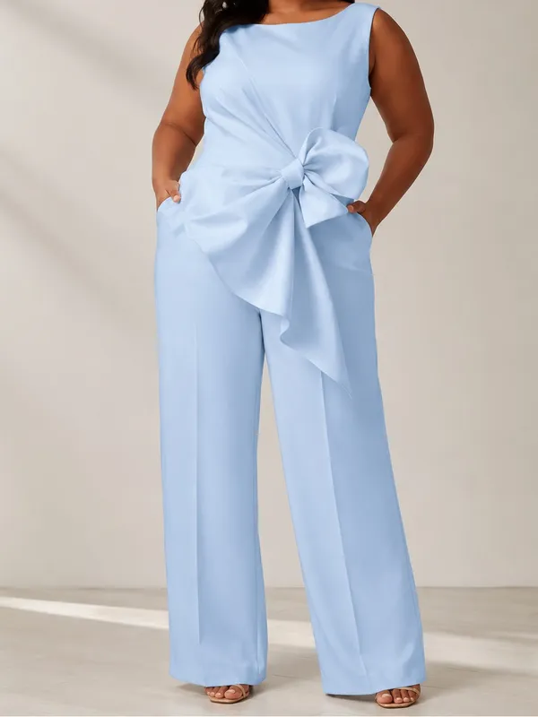 Fehaute Light Blue Bow Wide Leg Formal Sleeveless Boat Neck Pantsuit Jumpsuit - Image 10