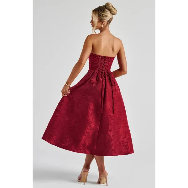 NWT Babyboo Saoirse Red Floral Jacquard Strapless Fit & Flare Midi Dress Size S - Image 6