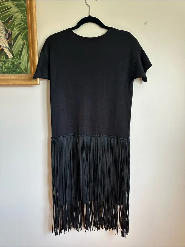 French Connection Fringe Short Sleeve V Neck Dress Black Womens 2 Stretch - Image 6
