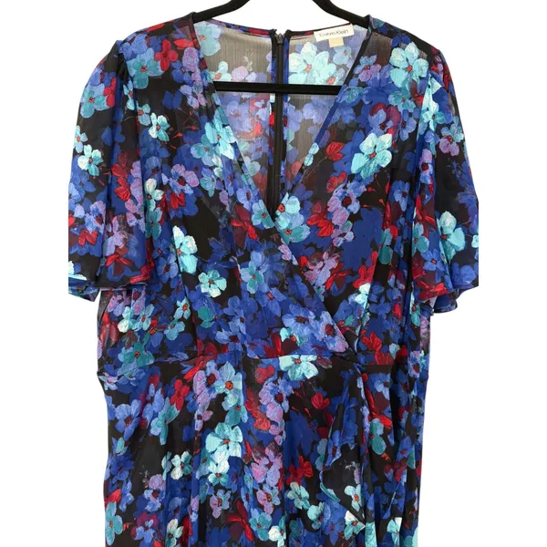 Calvin Klein Women's Floral Chiffon Faux Wrap Flutter Sleeve Dress Blue Size 18W - Image 5