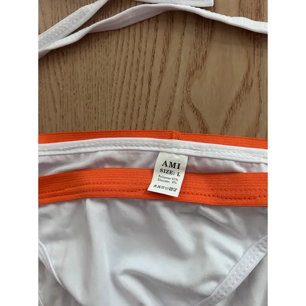 B45 New Women’s AMI Sexy 2Pc White Orange String Bikini Low Rise Medium/Large - Image 4