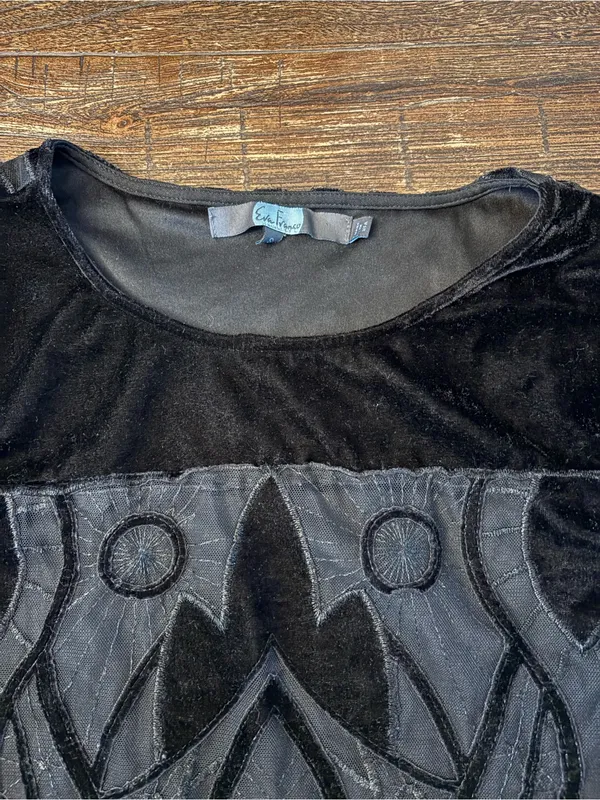 Eva Franco Art Deco Embroidered Mesh Top Womens S Black Burnout Velvet - Image 4