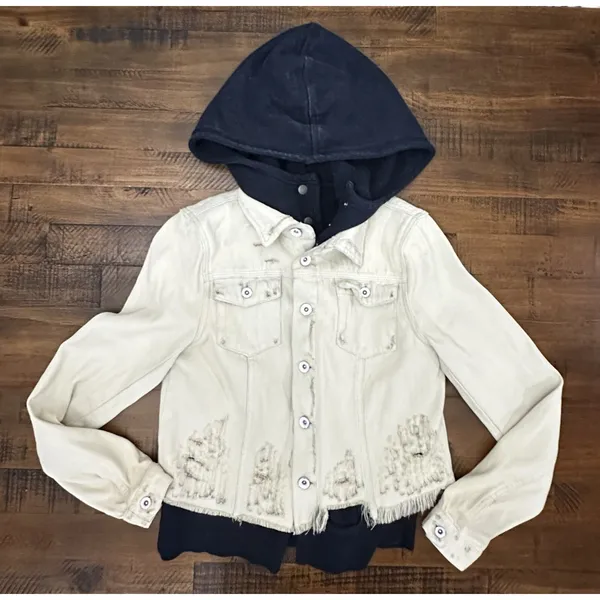 Free People Hoodie Jacket Women XS White Distressed Double‎ Weave Denim - Image 6
