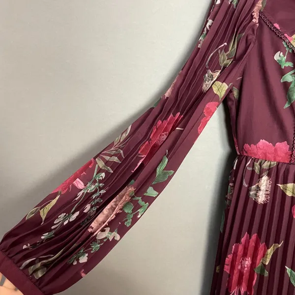 Lulus Win The Day Dress Burgundy Floral‎ Print Pleated Long Sleeve Mini V-Neck - Image 10