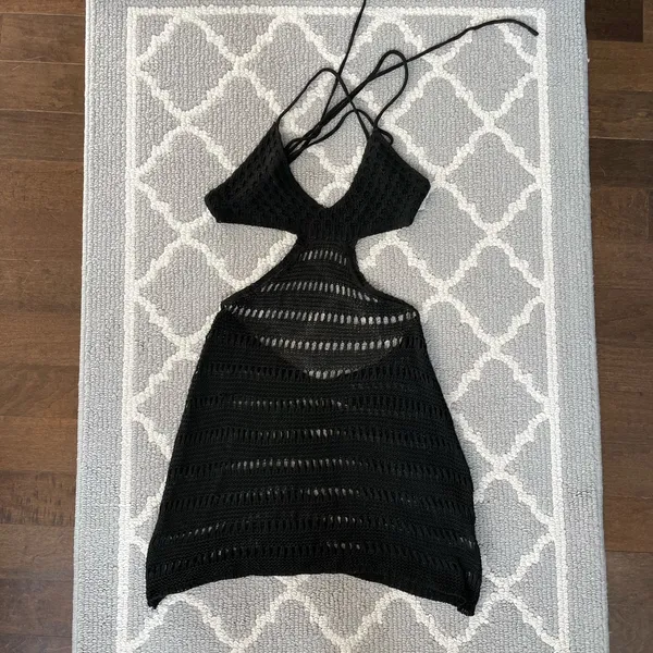 Shein black crochet cut out cover up backless knit mini dress - Image 3