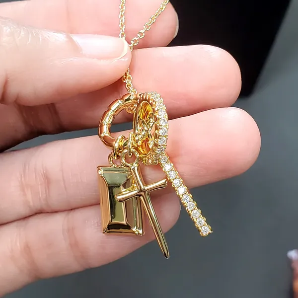 Gold Tone Religion Cross Spiritual Necklace 10" Dangle Charm - Image 3