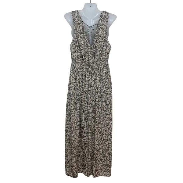 Old Navy Women's L Floral Smocked Waist V-Neck Maxi Dress Beige Brown Sleeveless - Image 4