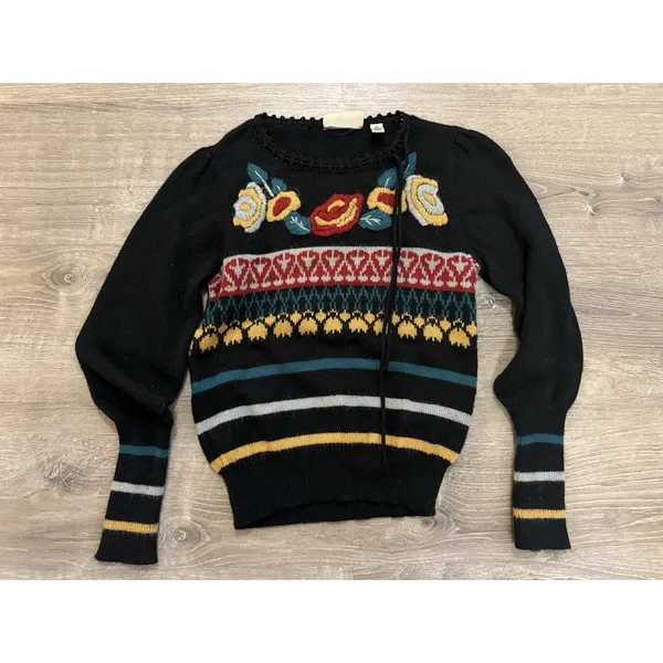 Vintage Embroidered Floral Fair Isle Sweater Womens Medium Black Good Boho - Image 2