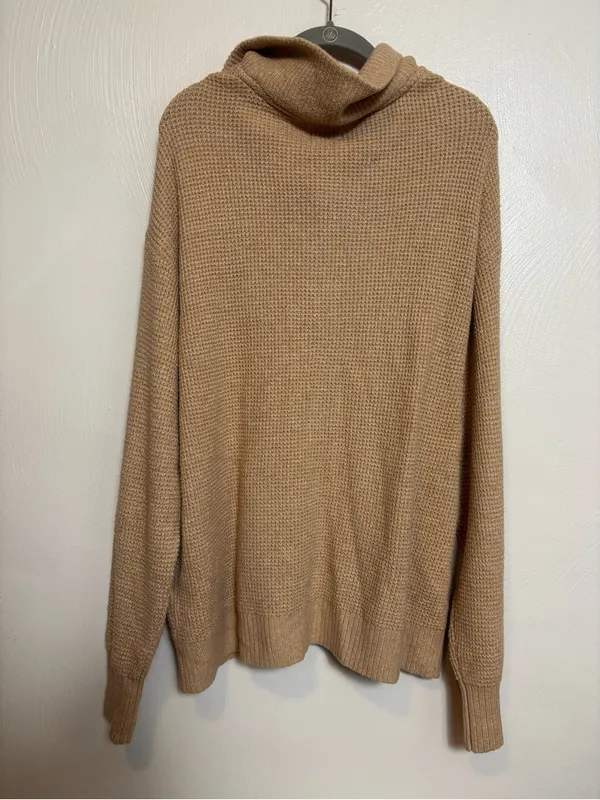 Aerie Cozy Up Waffle Knit Oversized Collar Quarter Button Tan Sweater Size L - Image 5