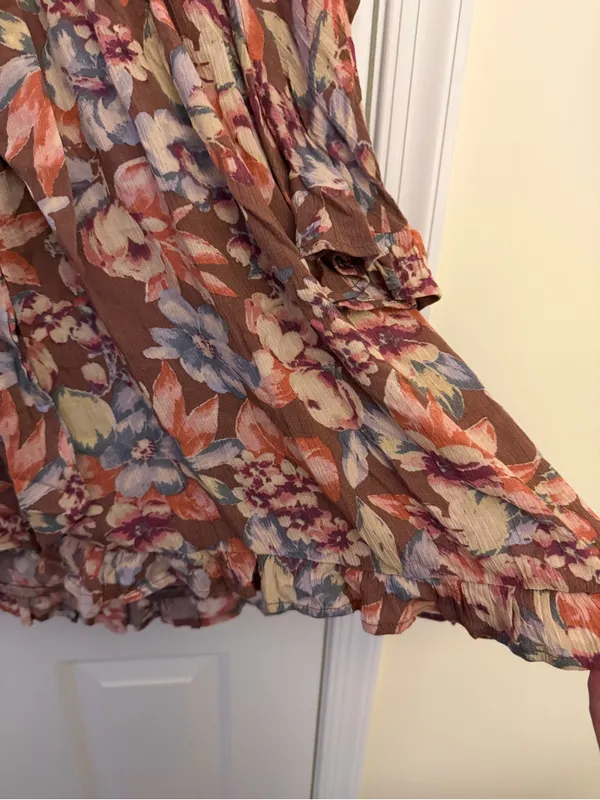 Dress Forum Small Floral Ruffle Midi Dress Brown Boho Long Sleeve - Image 5