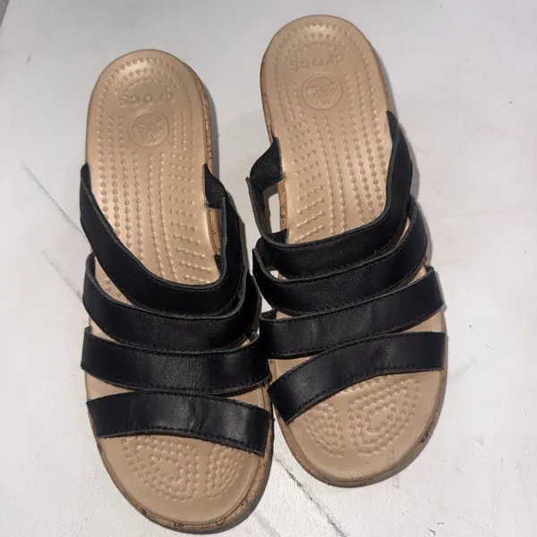 Crocs A-Leigh Cork Wedge Black Sandals Strappy Leather Classic Women's Size 7 - Image 2