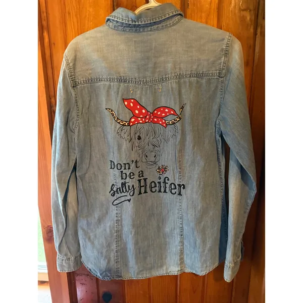 Highland Cow Denim ButtonUp Shirt Don't Be a Salty Heifer Western Country Top - Image 3