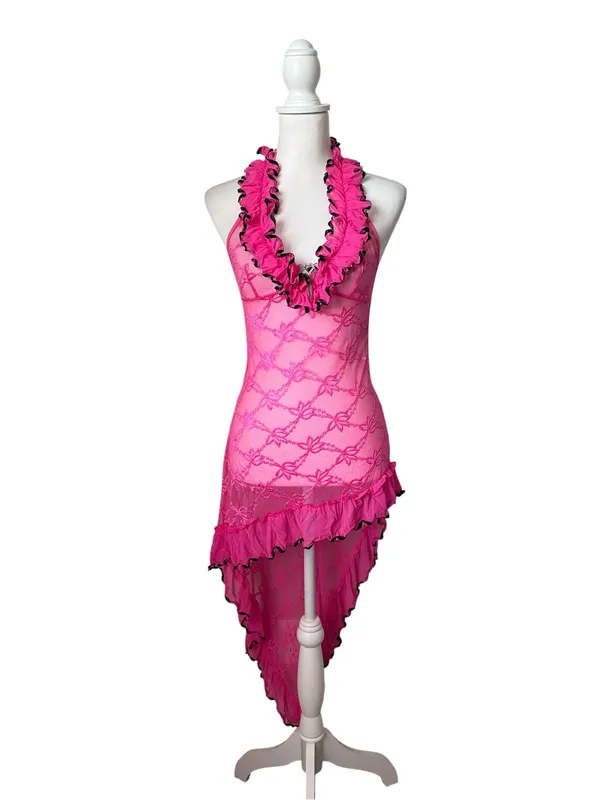 Lace Halter Asymmetrical Lingerie Slip Dress - Image 2