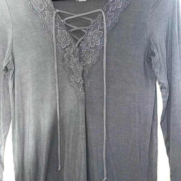 Soft & Sexy Dark Gray Crochet Lace-up Tee - Image 3