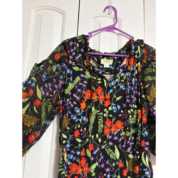 Maeve Anthropologie Blouse Floral Ruffle‎ Black Sheer Sleeve S Boho Cottagecore - Image 4