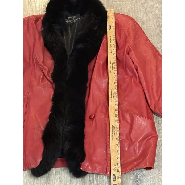 Vtg Red Leather Millyn Fur‎ Collar Coat Jacket 80's Glam Mob - Image 8