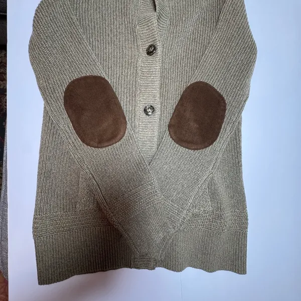 LRL Ralph Lauren Women Petite P Brown Cotton Knit Cardigan Suede Elbow Patches - Image 13