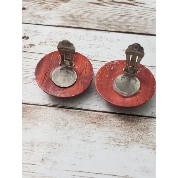 Vintage Clip On Earrings - Wood Domed Circle Earrings Large - 1.25" - Image 7
