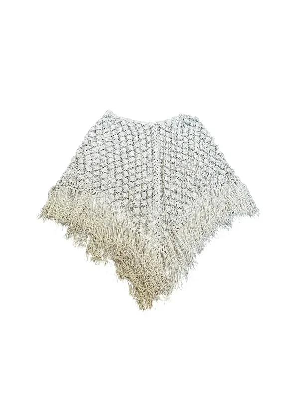 Vintage Cream Open Weave Crochet Knit Poncho Fringe Boho Chic Cottagecore - Image 6