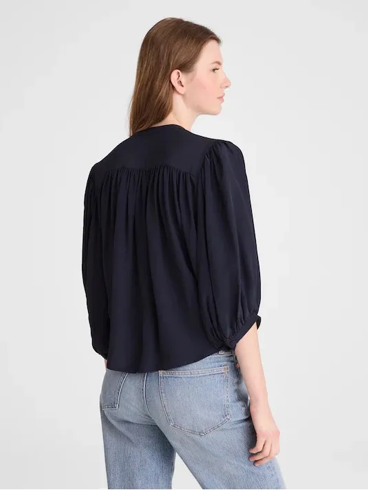 Madewell Shirred Crewneck Button-Up Top crepe de chine navy 3/4 sleeve Sz S NWT - Image 2