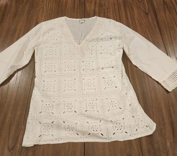 646 Main white eyelet embroidered short sleeve top tunic large 100% cotton - Image 2