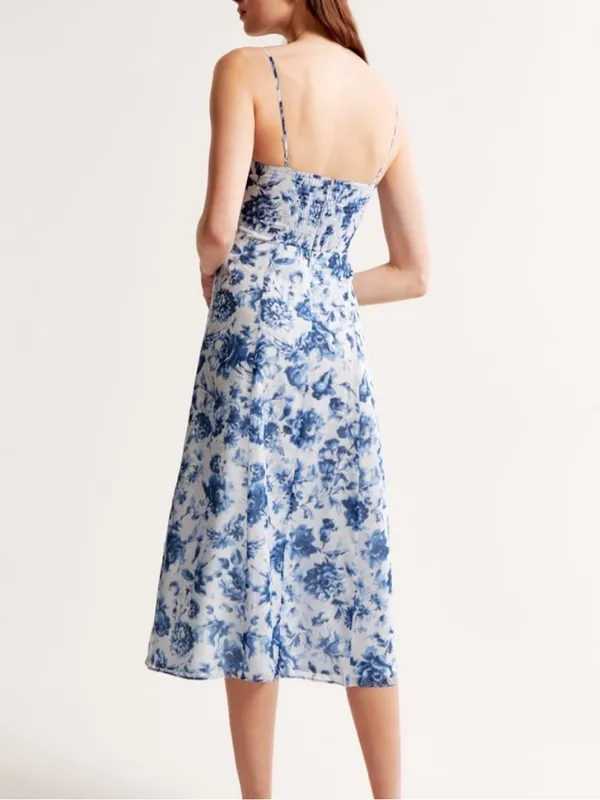 Abercrombie & Fitch Camille Satin Midi Dress Women’s Size XL Blue Floral Slit - Image 2