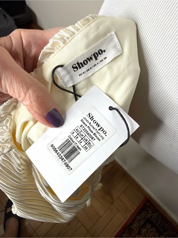 ShowPo Ivory Satin Jondra Ruched Front Long Sleeve Plisse Blouse NWT 4 - Image 4