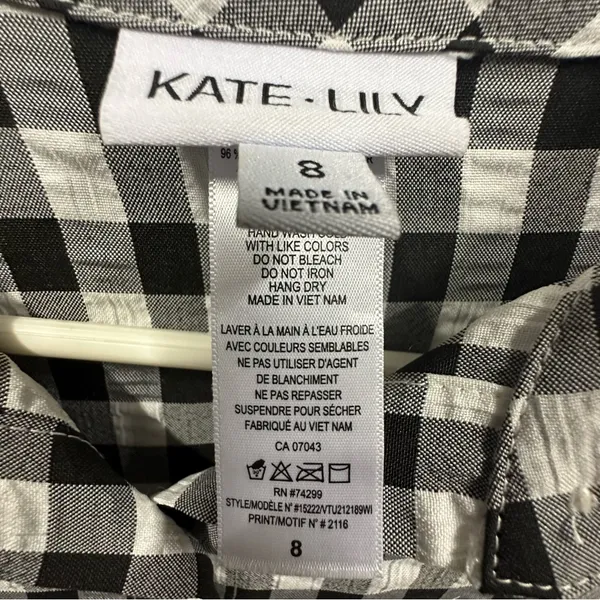 Kate Lily Gingham Short Tie Sleeve Button Up Tunic Blouse Black White Womens 8 - Image 9