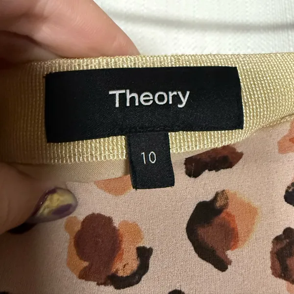 Theory Asymmetric Leopard Tan and Black Silk Midi Skirt Size 10 - Image 5