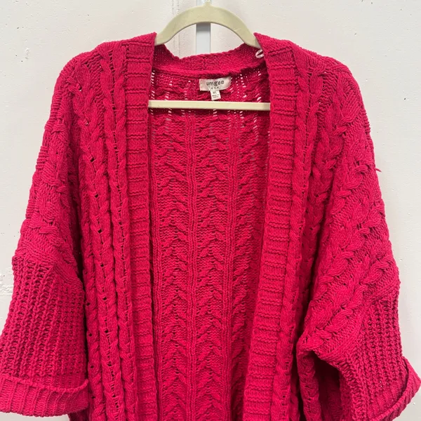 Umgee Magenta Pink Cable Knit Open Front Cardigan Sweater‎ M/L Chunky Oversized - Image 3