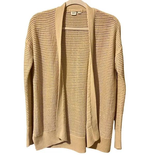 Gap Tan/Beige Oversized Long Sleeve Crochet Open Front Cardigan Sweater - Image 3