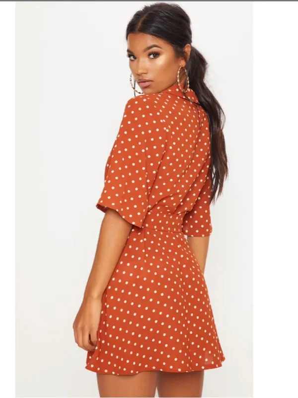 PrettyLittleThing Rust Polka Dot Wrap Mini Dress - Image 3