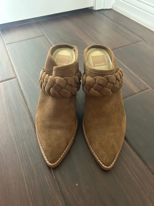 DV by Dolce Vita Suede Braided Mule Booties Brown Pointed Toe Block Heel Size 6.5 - Image 5