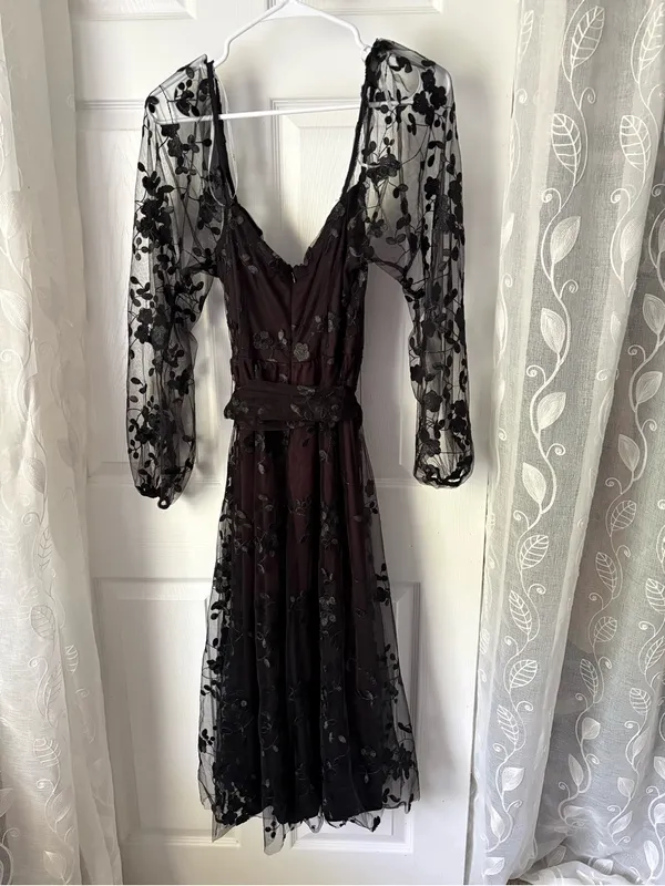 New Lulus Darling Charisma Black Mesh sheer Embroidered Midi Dress sz M w belt - Image 8