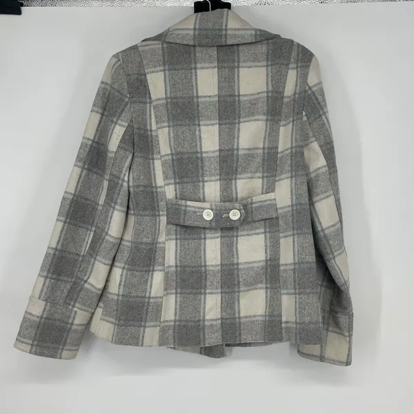 Old Navy Plaid Double Breasted Wool Blend Pea Coat Jacket Size L‎ Gray Cream - Image 2