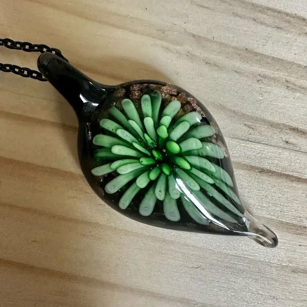Green Glass Flower Pendant Necklace – Black Chain – Boho Art Glass - Image 5