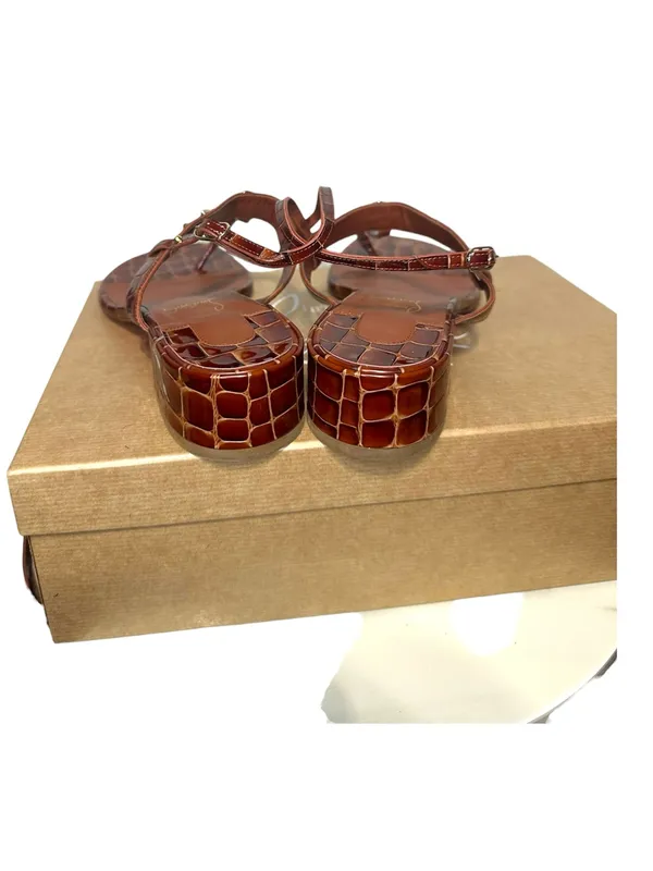 Christian Louboutin Brown Croc-Embossed Leather T-Strap Sandals box full set - Image 7