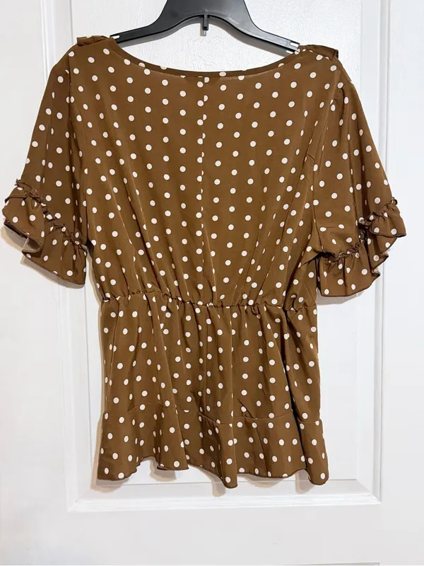 Shein Brown Polka Dot Ruffle Peplum Top 1xl curve - Image 2