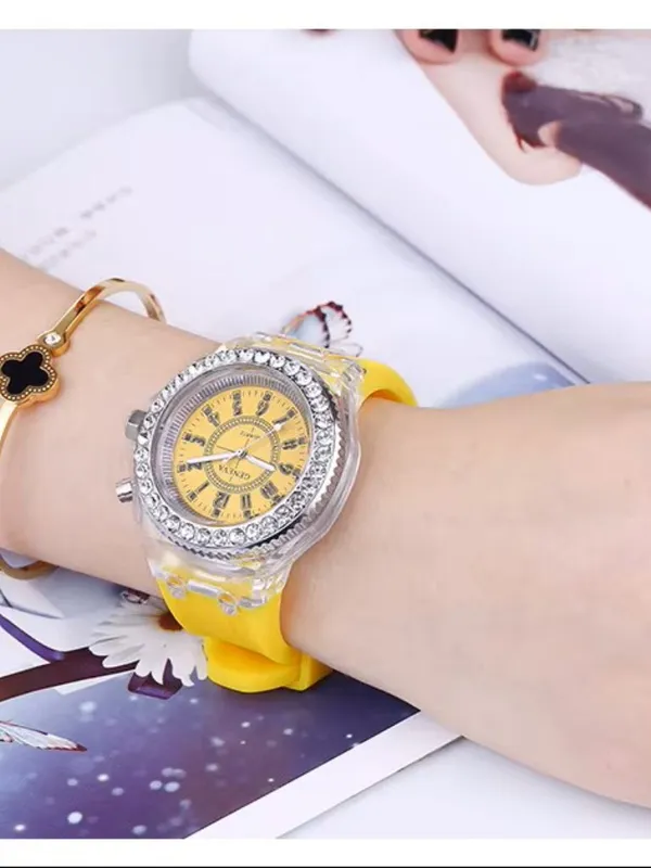 LED Light Up Analog Wrist Watch Yellow Band Crystal Bezel Fashion Gift Unisex - Image 4