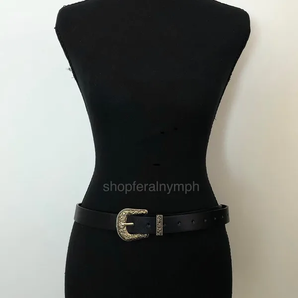 Y2K Coastal Cowgirl Black Gold Ornate Buckle Belt, 36–43.5 Inches, X7GA1136 - Image 2