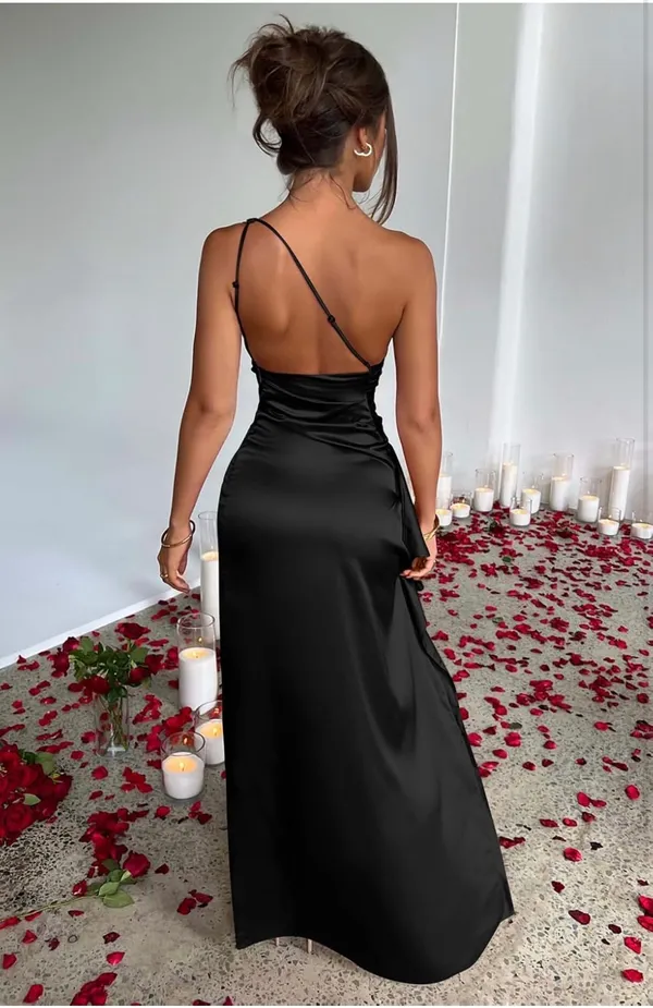 OYS Black Satin One Shoulder Ruched Maxi Dress NWT Size Small - Image 3