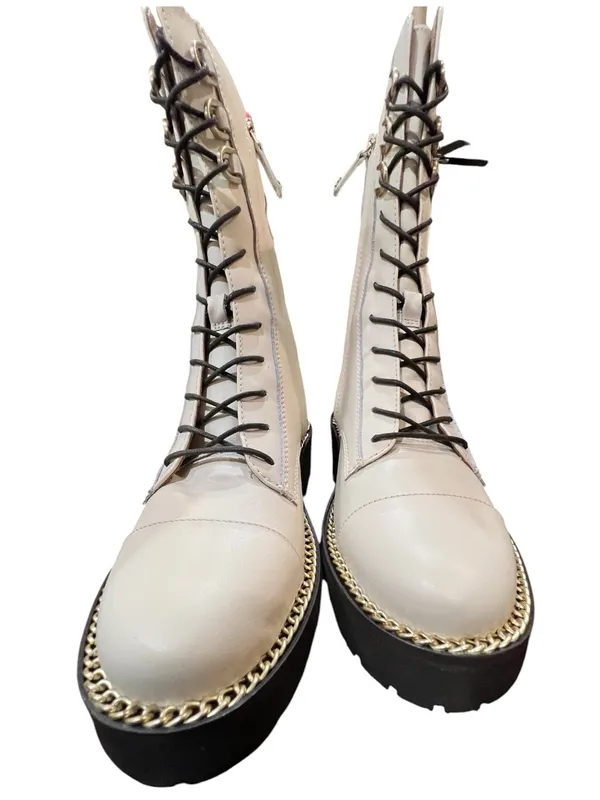 Sam Edelman Lenley Ivory Leather Gold Chain Combat Boots Size 8 NIB - Image 4