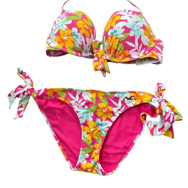 Hollister Push Up Bikini Sz M Hawaiian Floral Pink White Cheeky Bottom Underwire - Image 3