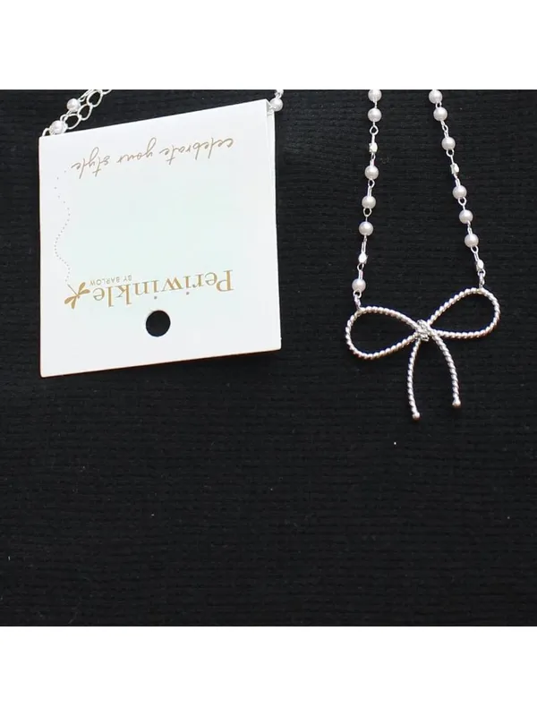NWT Periwinkle By Barlow Chain Bow Pendant Necklace Silver Gray / White 17" + 3" - Image 2