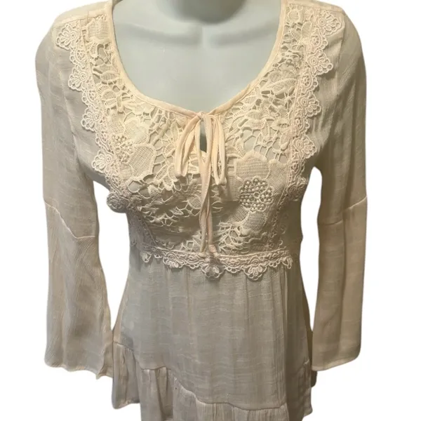 Self Esteem Y2K Cream Whimsigoth Witchy Top Sz S Crochet Detail Peek a Boo Neck Boho Cottage - Image 2