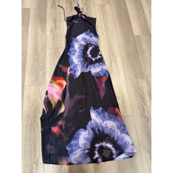 Commense Resort Dark Fairy Floral Print Semi Sheer Backless Halter Black Maxi XS - Image 2