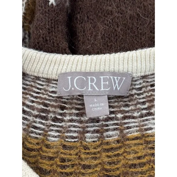 J.CREW Cardigan Brown Brushed Yarn Fair Isle Alpaca Wool Sweater Fuzzy Large - Image 4